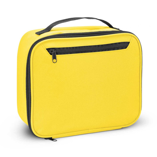 A yellow cooler bag with a black zipper and handle, featuring a front pocket and a simple, rectangular design.