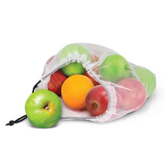 A set of five mesh produce bags in white, filled with various fruits including green and red apples, and an orange.
