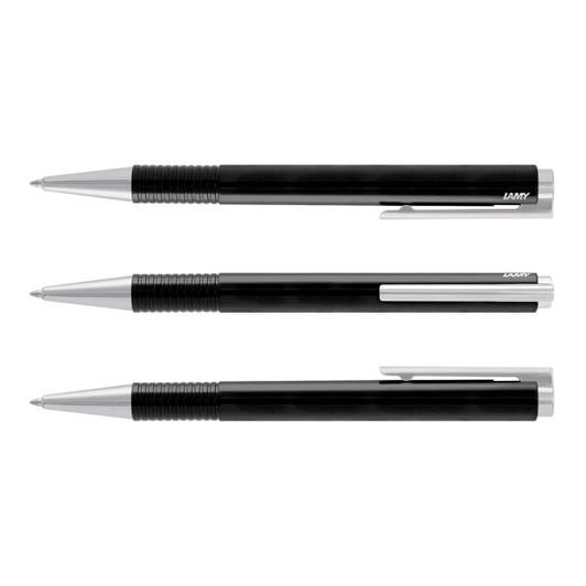 Three black Lamy Logo pens displayed in a row, featuring shiny silver accents and a distinct logo on each.