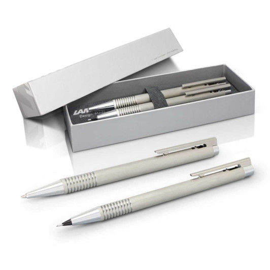 A metal pen and pencil set in a sleek grey box, featuring a logo on the pen and pencil.