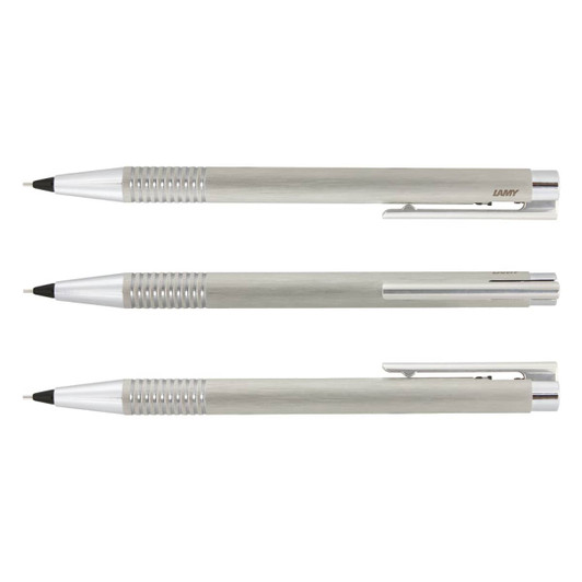A set of three Lamy Logo pencils in brushed steel, featuring a sleek design and silver accents.