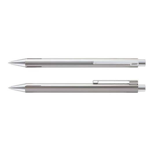 A metal pen set in silver, featuring a sleek design and a subtle logo. Two pens are displayed together.