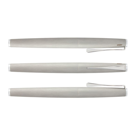 A metallic silver Lamy Studio Rolling Ball Pen displayed from multiple angles, featuring a sleek design and clip.