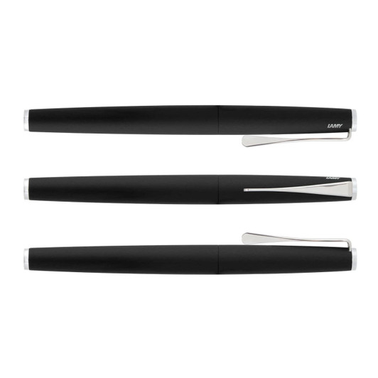 A sleek black Lamy Studio rolling ball pen set featuring three pens with a silver clip and accents.