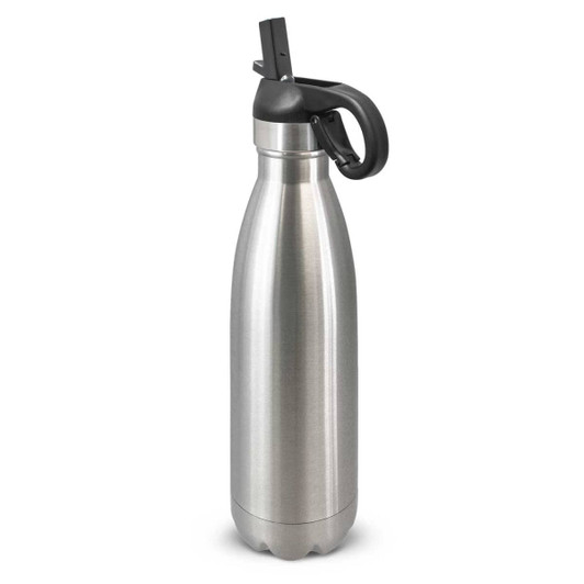 A drink bottle featuring a sleek stainless steel design with a flip lid and a durable handle for easy carrying.