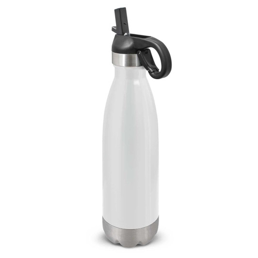 A drink bottle with a sleek white body and a stainless steel base, featuring a black flip lid and a convenient handle.