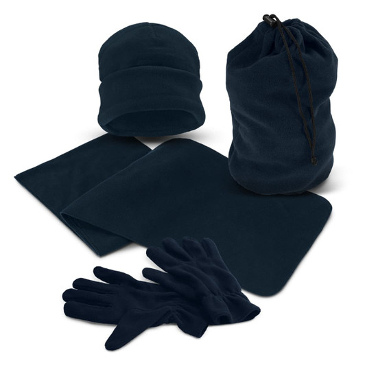 A polar fleece set featuring a beanie, gloves, a scarf, and a drawstring bag in navy blue.