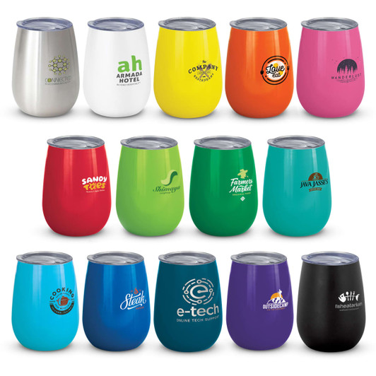 A range of colourful vacuum cups in various shades including silver, white, orange, green, and purple, featuring different logos.