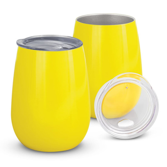 A drink bottle in vibrant yellow with a stainless steel interior and a clear lid, featuring a logo.