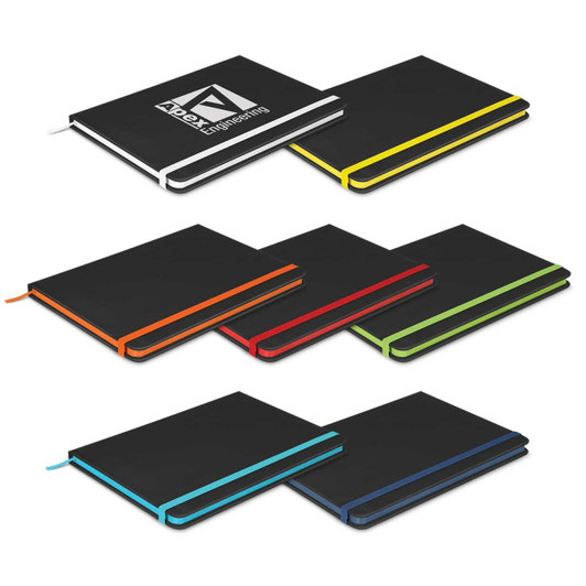 A collection of Omega Black Notebooks in black with coloured accents: yellow, red, green, blue, and teal. Each has a logo.