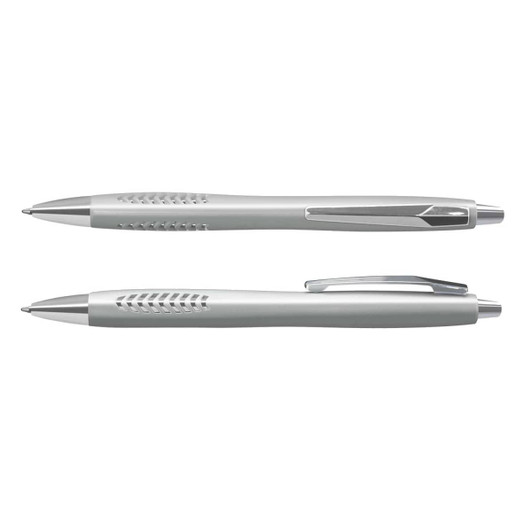 A silver plastic pen with a sleek design and a chrome clip, featuring grip details along the barrel.