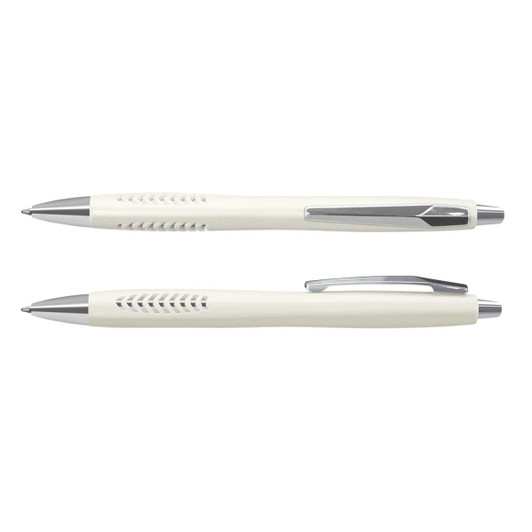 A dual set of Topaz Pens in a creamy white colour with silver accents and a branded logo.