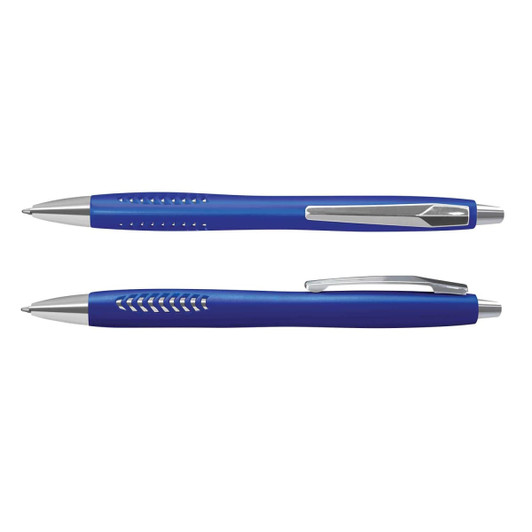 A blue plastic pen with a sleek design features a silver clip and accent details.