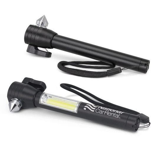 A black multi-tool with a flashlight, pointing tool, and a strap featuring a logo.