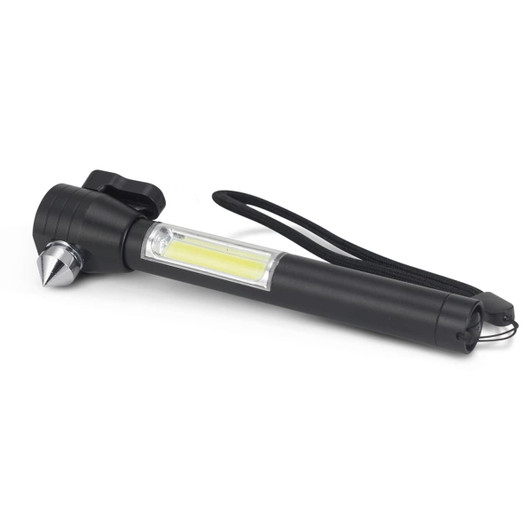 A black vehicle safety tool with a flashlight, a pointed end, and a strap. It has a transparent section in the middle.