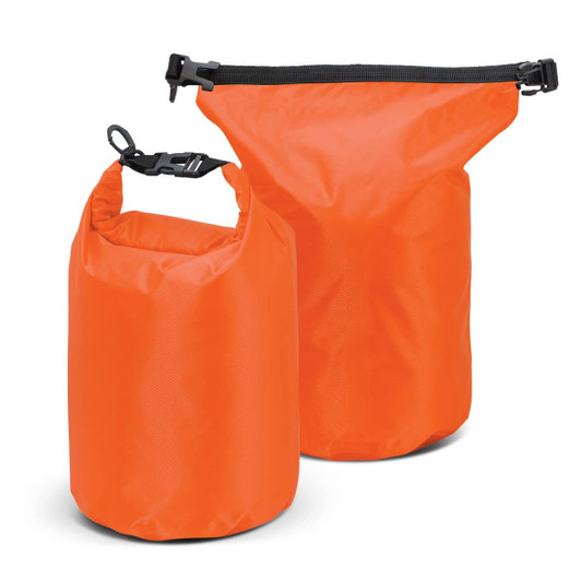 Two orange dry bags are displayed, featuring a secure roll-top closure and a clip. One bag is larger than the other.