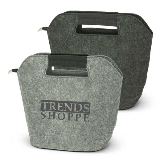 Two felt cooler bags in grey and dark green, featuring handles and a logo on the front.
