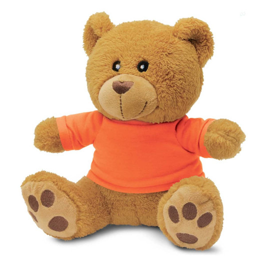 A brown teddy bear plush toy wearing an orange shirt, featuring a friendly face and soft, tactile fur.