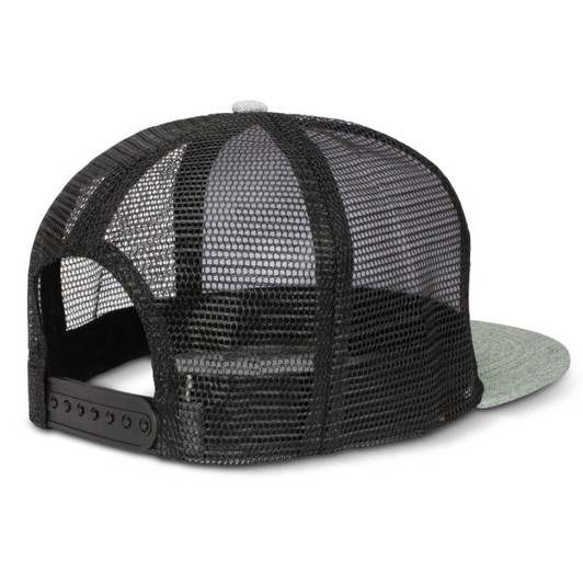A black and grey Jackson Flat Peak Trucker Cap featuring a mesh back and a flat brim.
