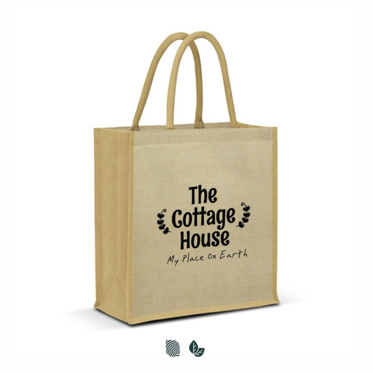 A light brown tote bag with two handles and a simple branding logo on the front.
