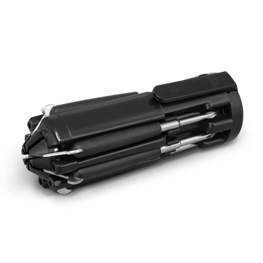 A compact Bronco Multi-Tool in black, featuring multiple folding tools and attachments.