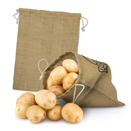 A large jute produce bag in natural colour, filled with potatoes, displayed alongside an empty bag.