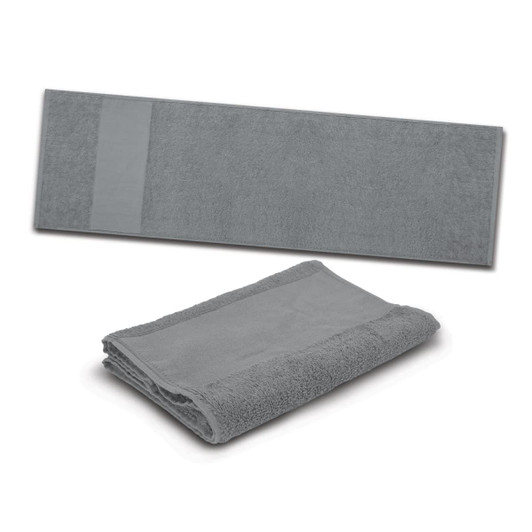 A folded gray gym towel and a flat, unfolded gray gym towel, designed for sports and leisure activities.