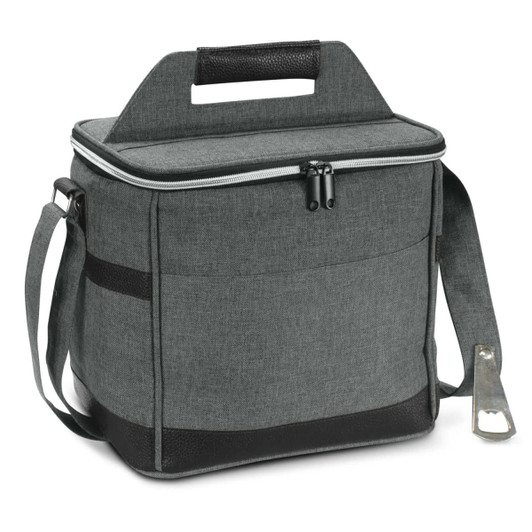 A green cooler bag with a top handle, adjustable strap, and a bottle opener attachment. It has a logo on the front.