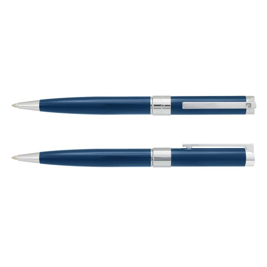 A blue metal pen set with silver accents, featuring a sleek and elegant design.
