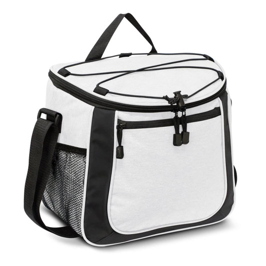 A cooler bag in grey with black accents, featuring a top handle and zippered compartments. It has a mesh side pocket.
