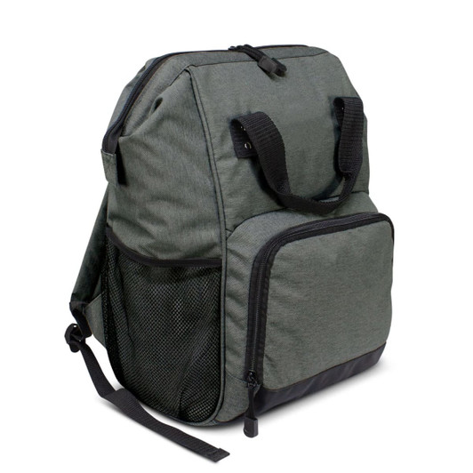 A grey cooler backpack featuring a front zip pocket and side mesh pocket, with dual straps and a handle.