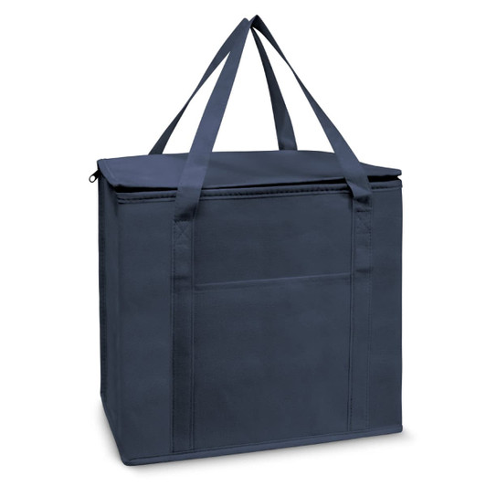 A navy cooler bag with dual handles and a zip closure, featuring a front pocket and a logo.