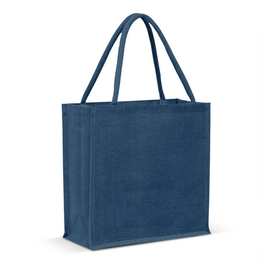 A jute tote bag in a deep blue color, featuring sturdy handles and a simple, spacious design.