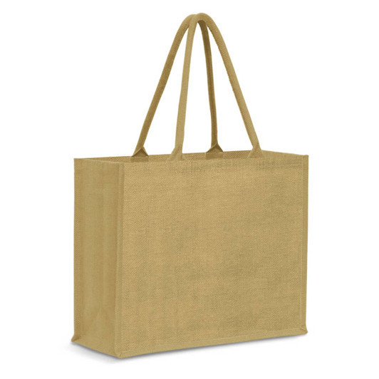 A jute tote bag in a soft yellow hue with two sturdy handles and a simple design.