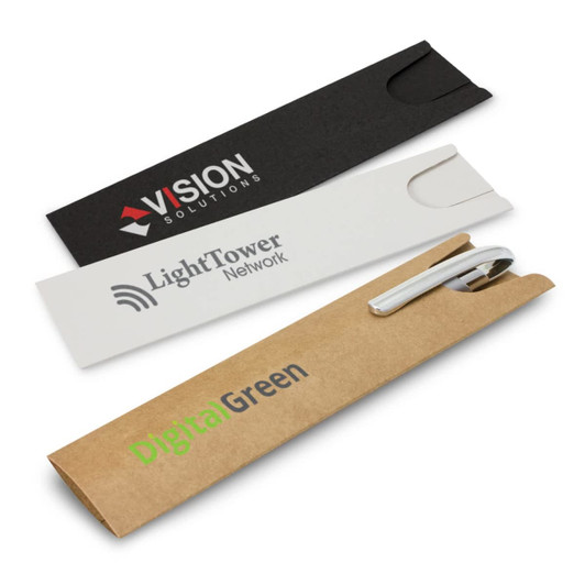 A set of three cardboard pen sleeves in black, white, and brown, each featuring a logo.