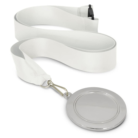 A Podium Medal featuring a 65mm silver circular medal attached to a white ribbon with a clip.