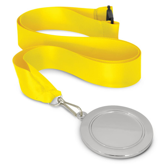 A podium medal featuring a 65mm silver medal and a yellow ribbon strap.