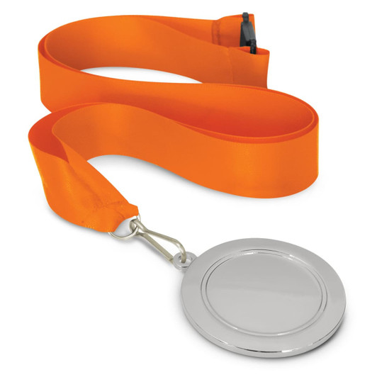 A podium medal with a 65mm silver disc and an orange satin ribbon for wearing around the neck.