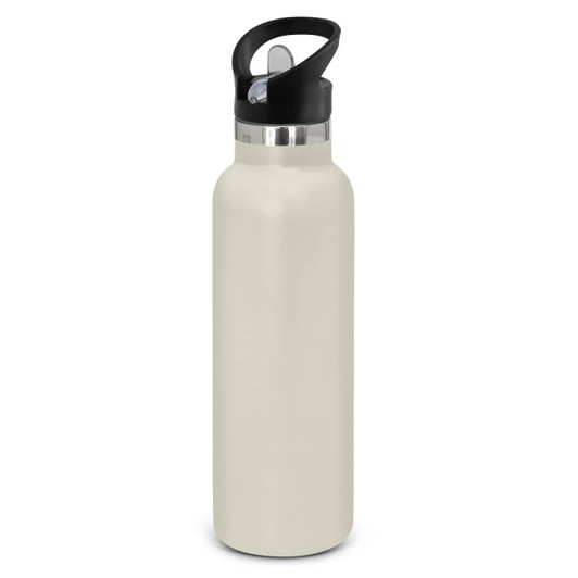 A drink bottle featuring a sleek design with a powder-coated finish and a black lid.