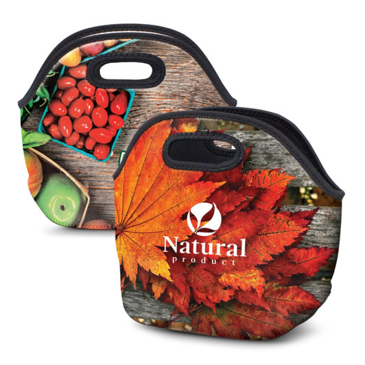 A colourful lunch bag featuring a vibrant autumn leaf and fresh produce designs, with a logo on one side.