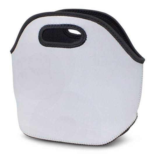A white lunch bag with black stitching and handles, featuring a simple design and a branding logo.