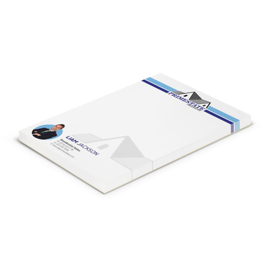 A7 note pad featuring 50 leaves, predominantly white with a blue and grey design and a logo on the top.