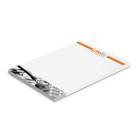 A6 note pad with 50 leaves, featuring a white design and a graphic of a stethoscope, with logo branding.