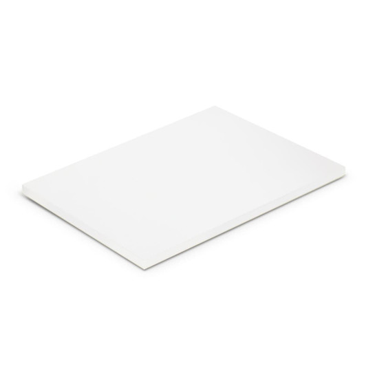 A6 notepad with 50 white leaves, featuring a plain, flat design and includes a logo.