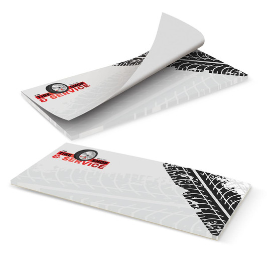 A horizontal notepad with a black and white tire tread design, featuring 50 leaves and a logo.