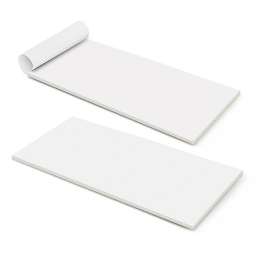A vertical notepad with a white cover and 50 blank leaves, featuring a rolled edge and a plain design.