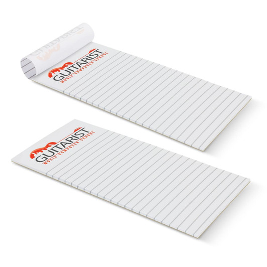 A vertical note pad with 25 lined leaves, featuring a white background and a logo at the top.