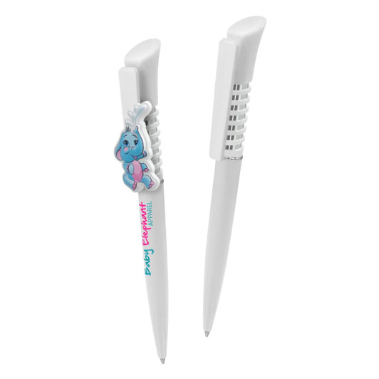 A white plastic pen featuring a playful design with an attached colourful character and a branding logo.