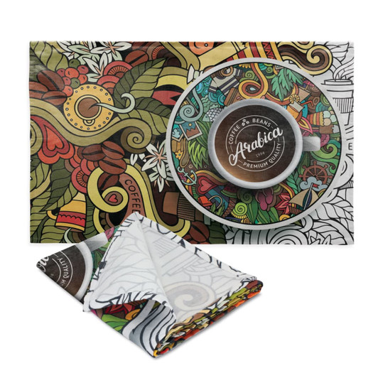 A colourful Bistro Cotton Tea Towel featuring intricate designs, with a circular logo in the centre and folded towel beside it.