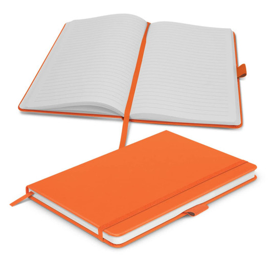 An orange notebook with a flexible cover, featuring blank lined pages and a ribbon bookmark.